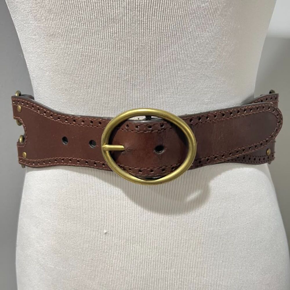 Women's Brown Bonded Leather Brushed Gold Brass Buckle Western Belt Size Small